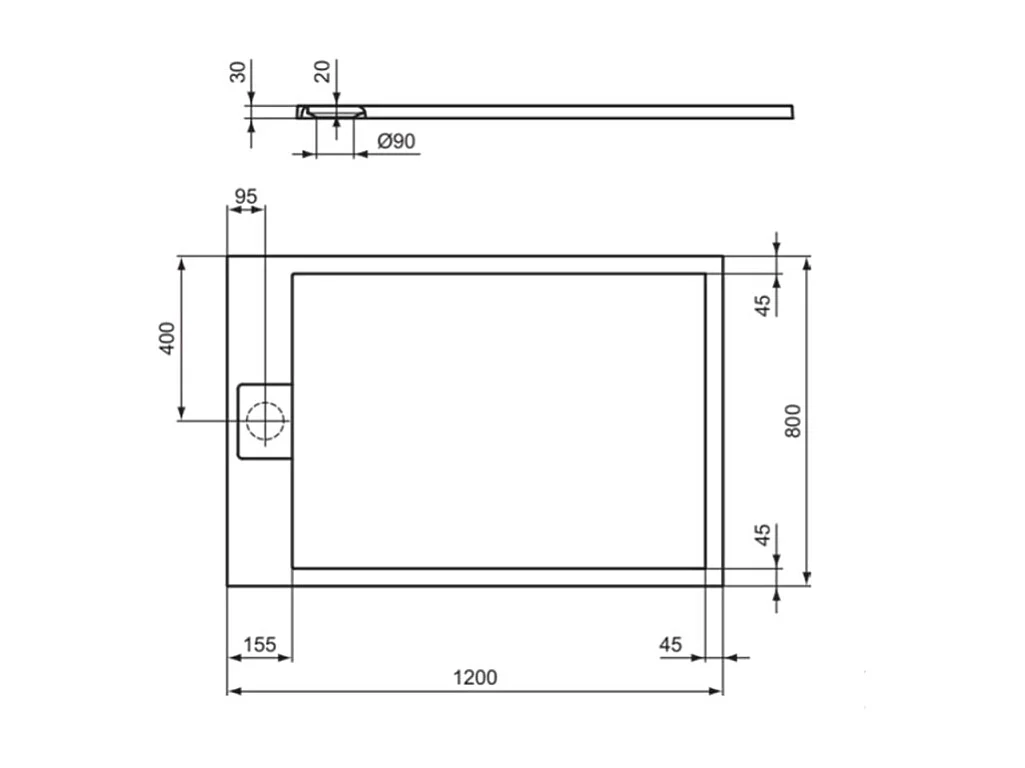 Receveur de douche antidérapant IDEAL STANDARD Ultra Flat S I.Life recoupable avec bonde largeur 120 x 80