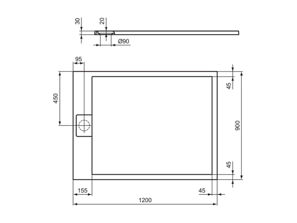 Receveur de douche antidérapant IDEAL STANDARD Ultra Flat S I.Life recoupable avec bonde largeur 120 x 90