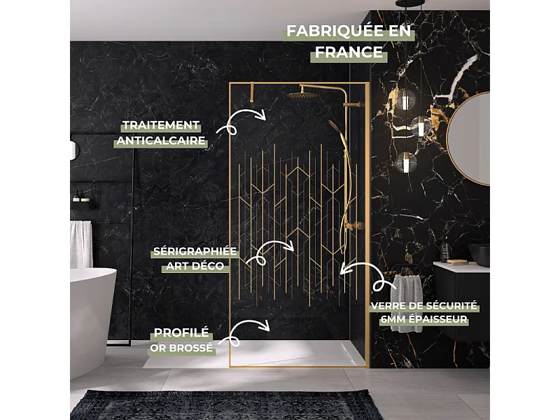 Paroi de douche KINEDO Solo Design + sérigraphié art déco 140cm profilé Or brossé