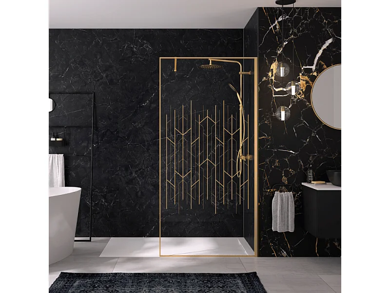 Paroi de douche KINEDO Solo Design + sérigraphié art déco 140cm profilé Or brossé