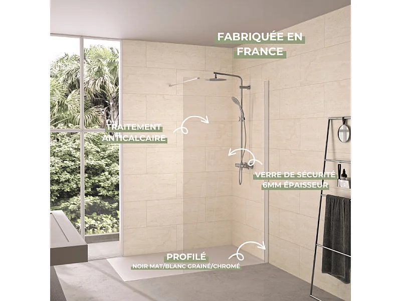 Paroi de douche transparent KINEDO Solo 6+ 140cm profilé Blanc grainé