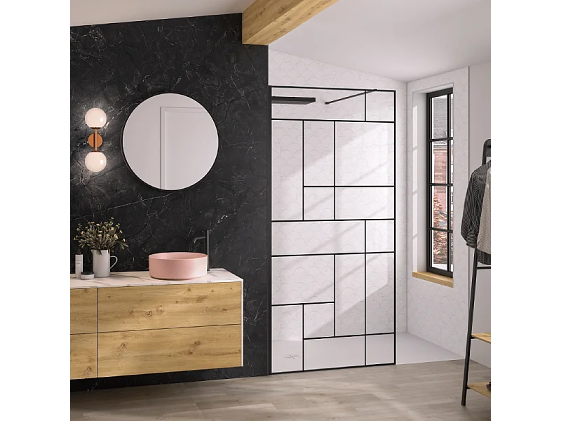 Paroi de douche KINEDO Solo Design + sérigraphié mondrian 90cm profilé Noir mat