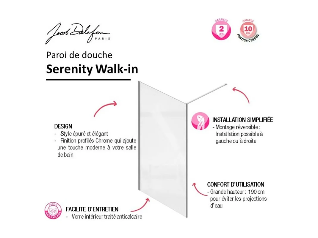 Paroi de douche 90 cm JACOB DELAFON Serenity douche à l'Italienne