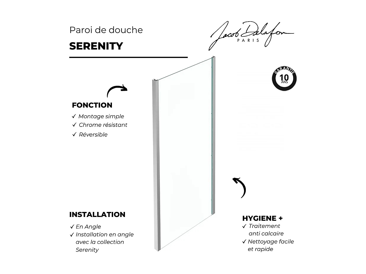 Paroi douche latérale JACOB DELAFON Serenity, 90 cm