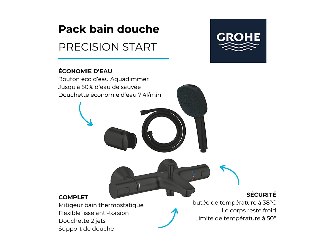 Pack mitigeur Thermostatique bain douche GROHE Precision Start + Douchette 2 jets Vitalio Comfort 110 avec flexible et support