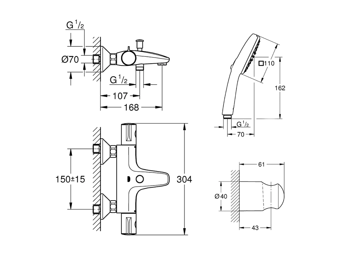 Pack mitigeur Thermostatique bain douche GROHE Precision Start + Douchette 2 jets Vitalio Comfort 110 avec flexible et support