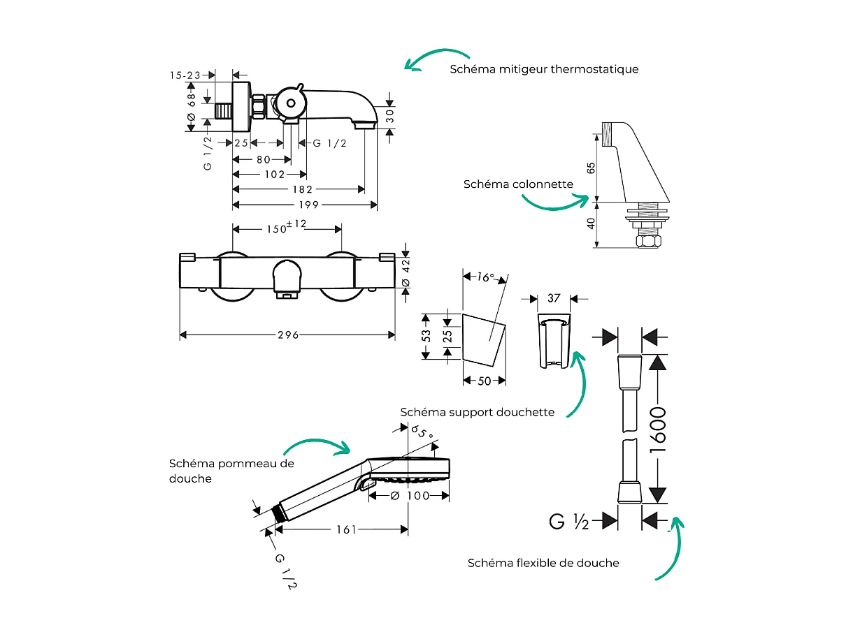 Pack mitigeur bain thermostatique HANSGROHE Ecostat + Pommeau Crometta EcoSmart + Flexible Isiflex + Support et colonnettes Chromé