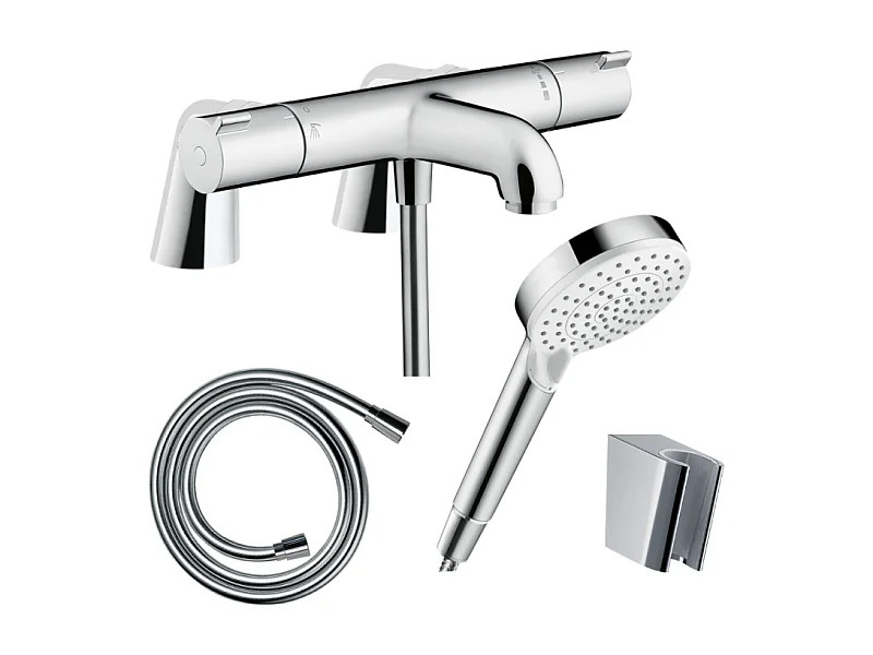 Pack mitigeur bain thermostatique HANSGROHE Ecostat + Pommeau Crometta EcoSmart + Flexible Isiflex + Support et colonnettes Chromé