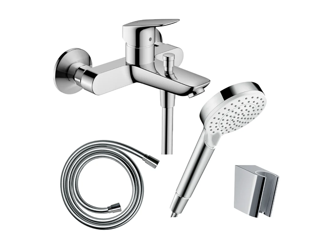 Pack mitigeur bain mécanique mural HANSGROHE Logis + Pommeau Crometta EcoSmart + Flexible Isiflex + Support Chromé
