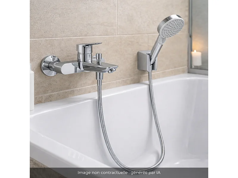 Pack mitigeur bain mécanique mural HANSGROHE Logis + Pommeau Crometta EcoSmart + Flexible Isiflex + Support Chromé