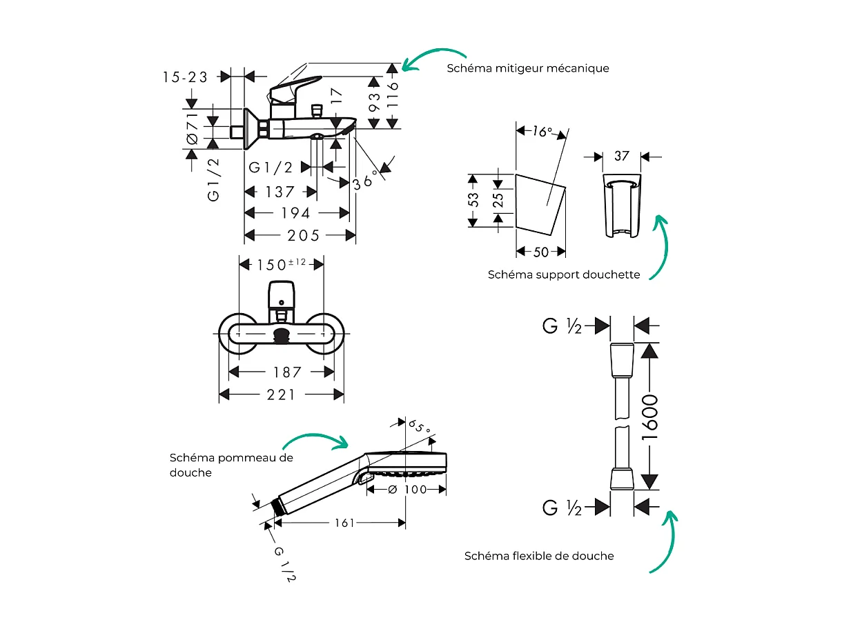 Pack mitigeur bain mécanique mural HANSGROHE Logis + Pommeau Crometta EcoSmart + Flexible Isiflex + Support Chromé