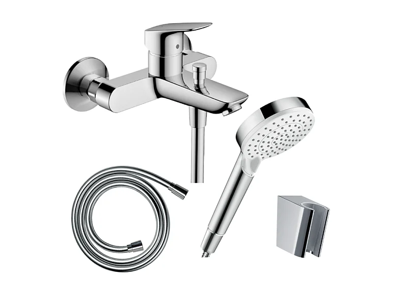 Pack mitigeur bain mécanique mural HANSGROHE Logis + Pommeau Crometta EcoSmart + Flexible Isiflex + Support Chromé