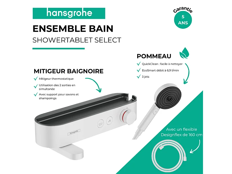 Pack mitigeur bain douche thermostatique HANSGROHE ShowerTablet Select + Flexible Designflex + Pommeau de douche Pulsify Select 3 jets Blanc mat