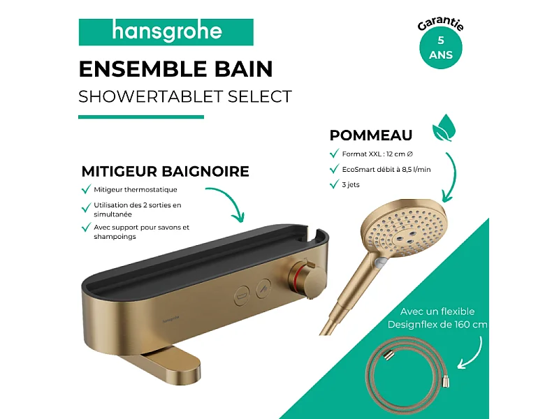 Pack mitigeur bain douche thermostatique HANSGROHE ShowerTablet Select + Flexible Designflex + Pommeau de douche Raindance 3 jets Bronze brossé
