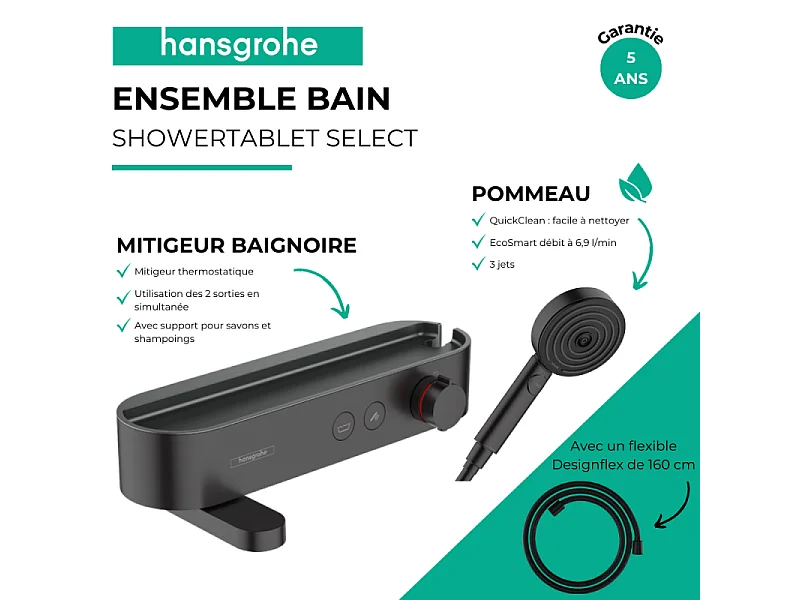 Pack mitigeur bain douche thermostatique HANSGROHE ShowerTablet Select + Flexible Designflex + Pommeau de douche Pulsify Select 3 jets Noir mat