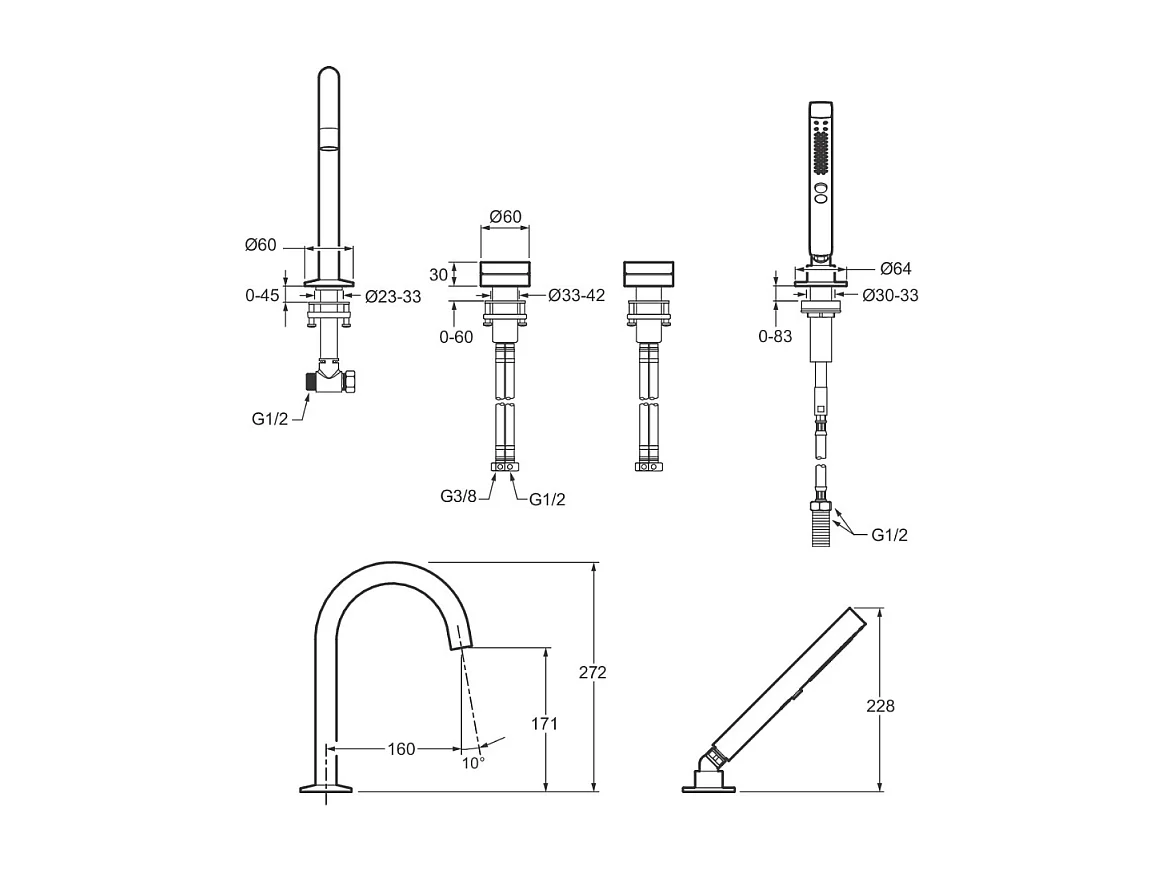 Mitigeur baignoire mécanique sur gorge JACOB DELAFON Grands Boulevards chromé + pommeau de douche 2 jets + corps encastré