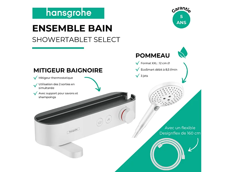 Pack mitigeur bain douche thermostatique HANSGROHE ShowerTablet Select + Flexible Designflex + Pommeau de douche Raindance 3 jets Blanc mat
