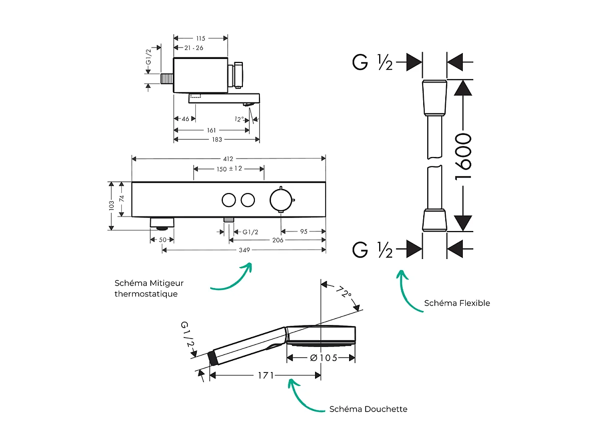 Pack mitigeur bain douche thermostatique HANSGROHE ShowerTablet Select + Flexible Designflex + Pommeau de douche Pulsify Select 3 jets Bronze brossé