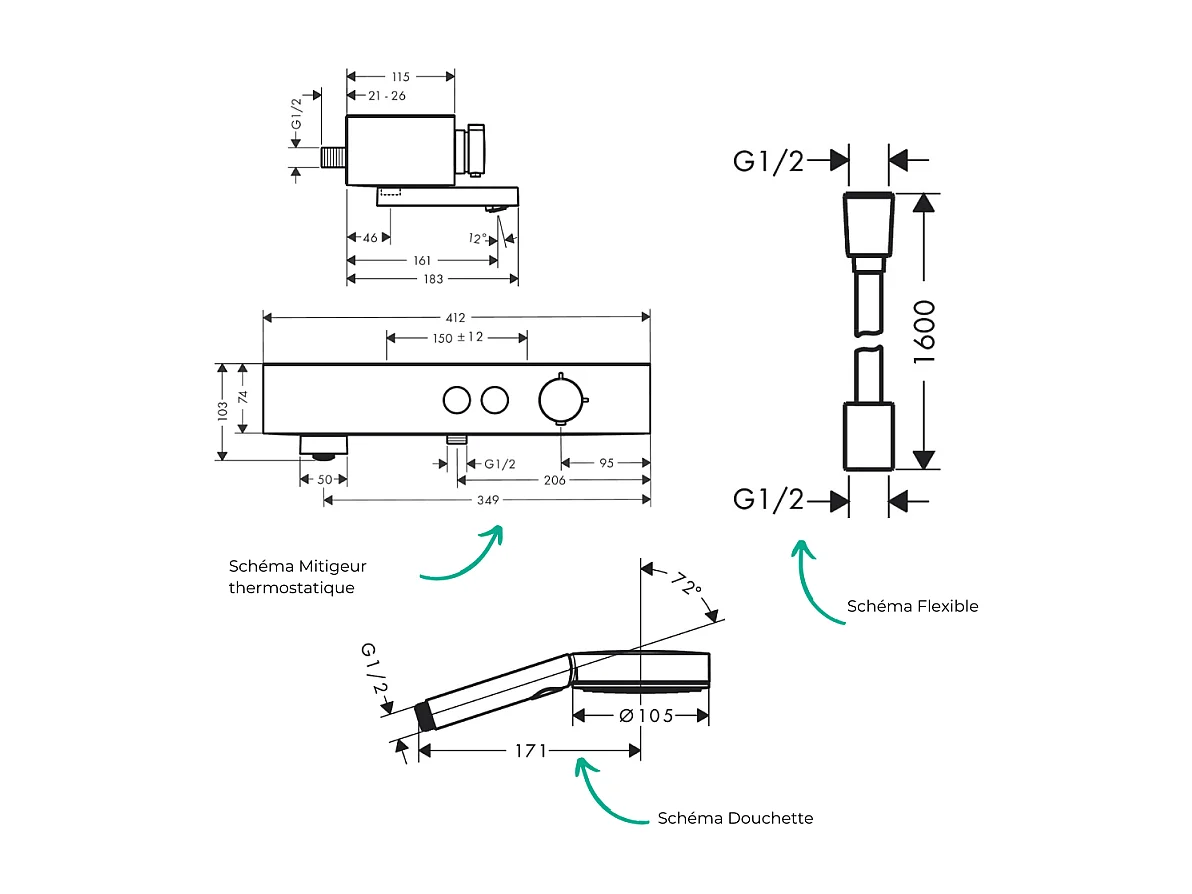 Pack mitigeur bain douche thermostatique HANSGROHE ShowerTablet Select + Flexible Isiflex + Pommeau de douche Pulsify Select 3 jets Noir mat