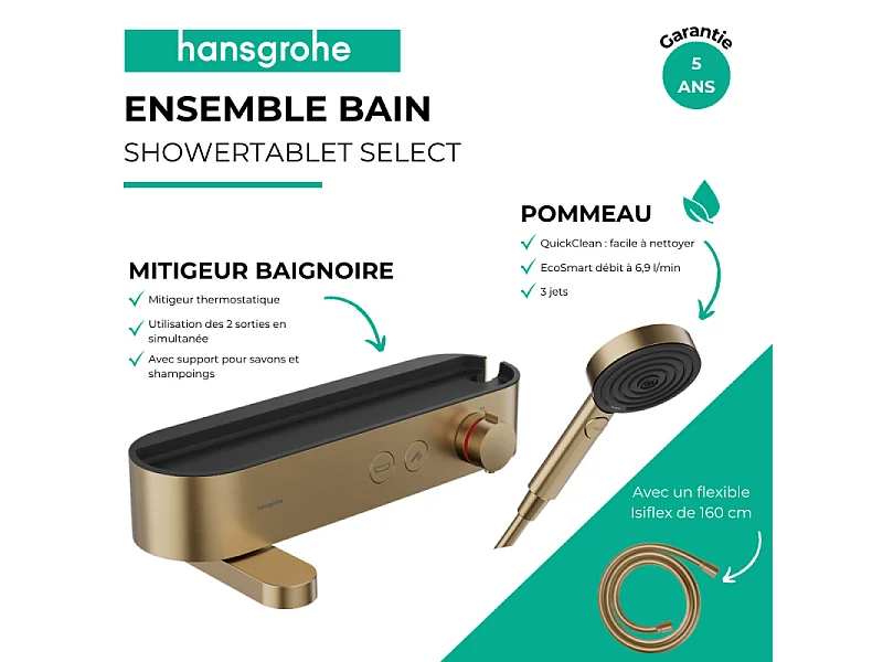 Pack mitigeur bain douche thermostatique HANSGROHE ShowerTablet Select + Flexible Isiflex + Pommeau de douche Pulsify Select 3 jets Bronze brossé