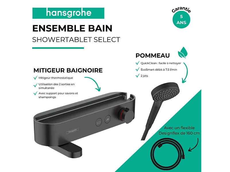 Pack mitigeur bain douche thermostatique HANSGROHE ShowerTablet Select + Flexible Designflex + Pommeau de douche Vernis Blend Noir mat