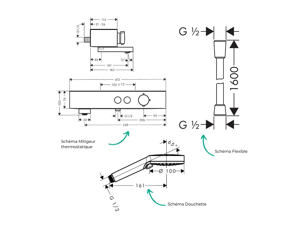Pack mitigeur bain douche thermostatique HANSGROHE ShowerTablet Select + Flexible Designflex + Pommeau de douche Vernis Blend Noir mat