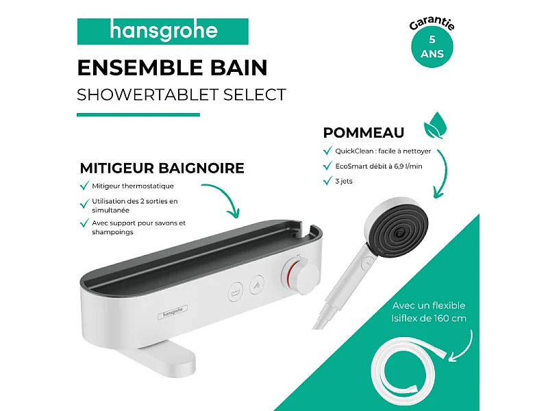 Pack mitigeur bain douche thermostatique HANSGROHE ShowerTablet Select + Flexible Isiflex + Pommeau de douche Pulsify Select 3 jets Blanc mat