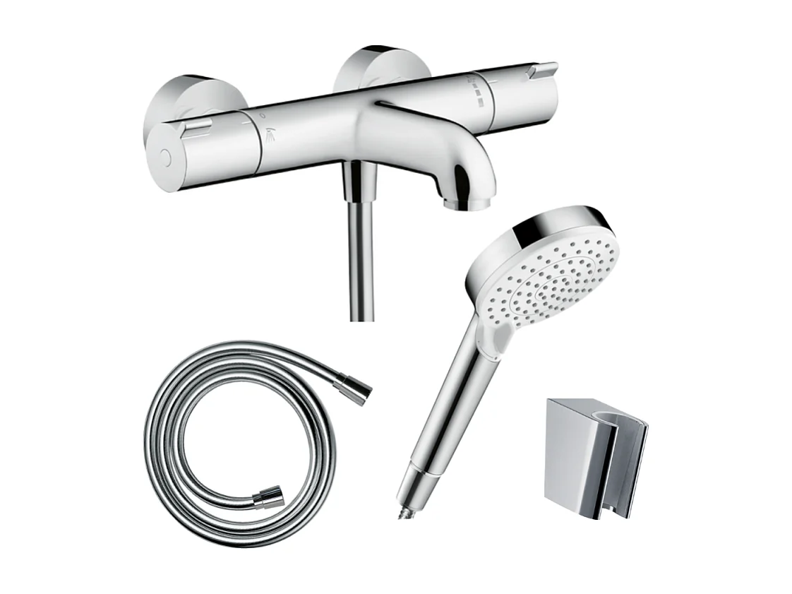 Pack mitigeur bain thermostatique HANSGROHE Ecostat 1001 + Pommeau Crometta EcoSmart + Flexible Isiflex + Support Chromé