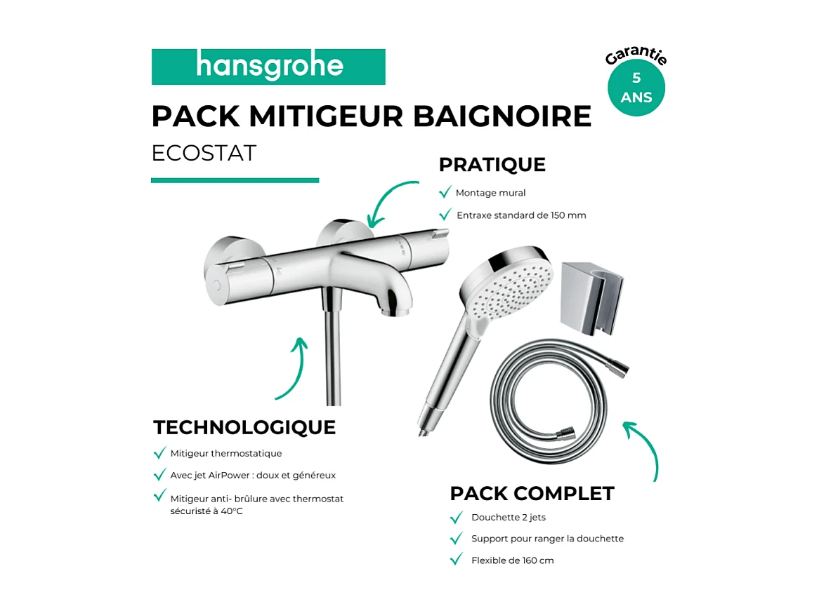 Pack mitigeur bain thermostatique HANSGROHE Ecostat 1001 + Pommeau Crometta EcoSmart + Flexible Isiflex + Support Chromé