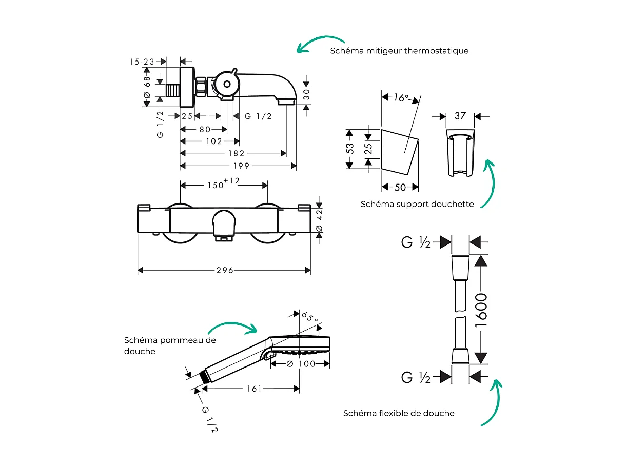 Pack mitigeur bain thermostatique HANSGROHE Ecostat 1001 + Pommeau Crometta EcoSmart + Flexible Isiflex + Support Chromé
