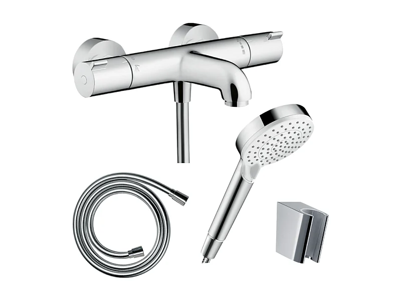 Pack mitigeur bain thermostatique HANSGROHE Ecostat 1001 + Pommeau Crometta EcoSmart + Flexible Isiflex + Support Chromé