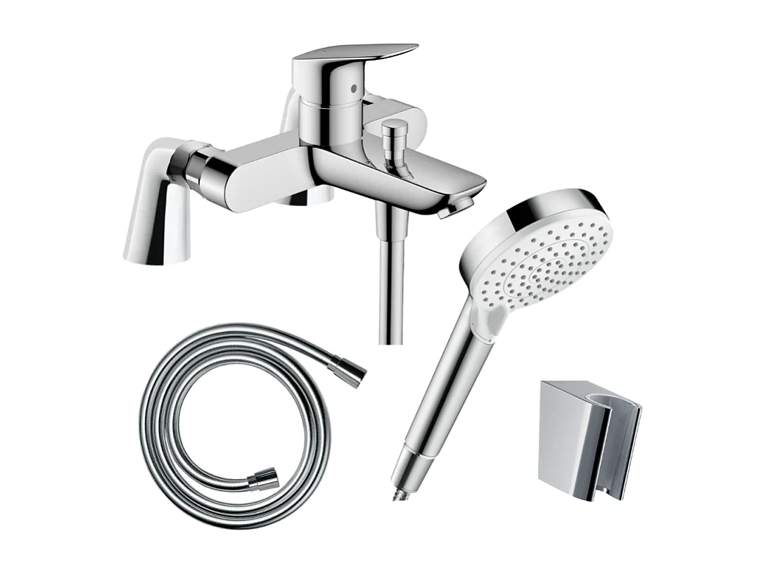 Pack mitigeur bain mécanique HANSGROHE Logis + Pommeau Crometta EcoSmart + Flexible Isiflex + Support et colonnettes Chromé