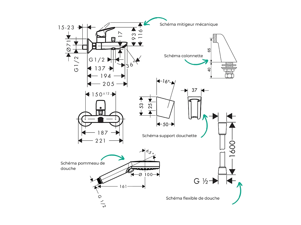 Pack mitigeur bain mécanique HANSGROHE Logis + Pommeau Crometta EcoSmart + Flexible Isiflex + Support et colonnettes Chromé