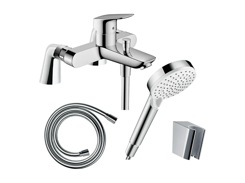 Pack mitigeur bain mécanique HANSGROHE Logis + Pommeau Crometta EcoSmart + Flexible Isiflex + Support et colonnettes Chromé