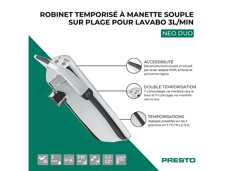 Robinet temporisé à manette souple sur plage pour lavabo PRESTO Neo duo chromé 3l/min