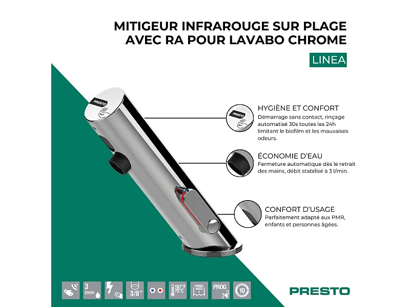 Mitigeur infrarouge sur plage avec RA pour lavabo PRESTO Linea chromé