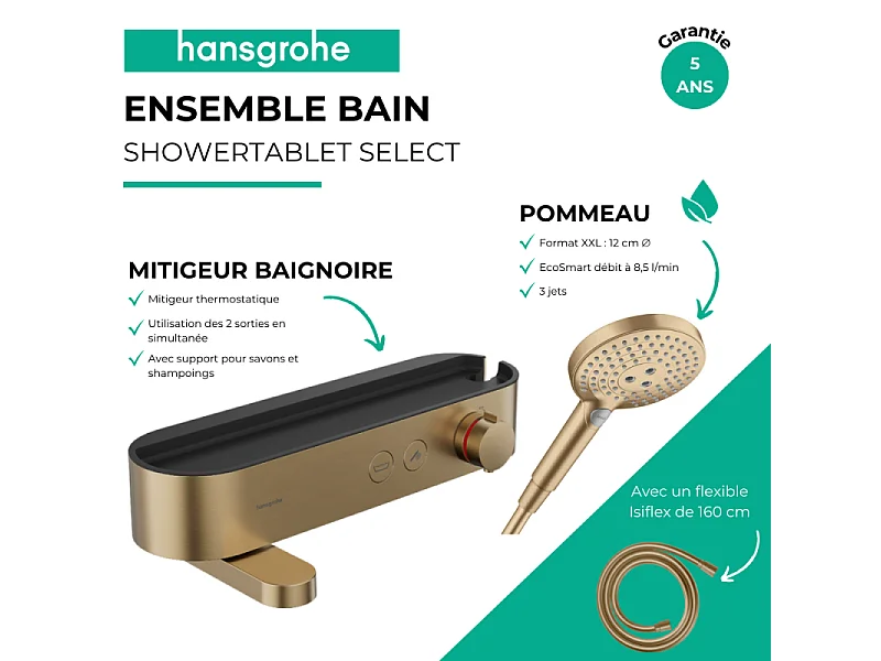 Pack mitigeur bain douche thermostatique HANSGROHE ShowerTablet Select + Flexible Isiflex + Pommeau de douche Raindance 3 jets Bronze brossé