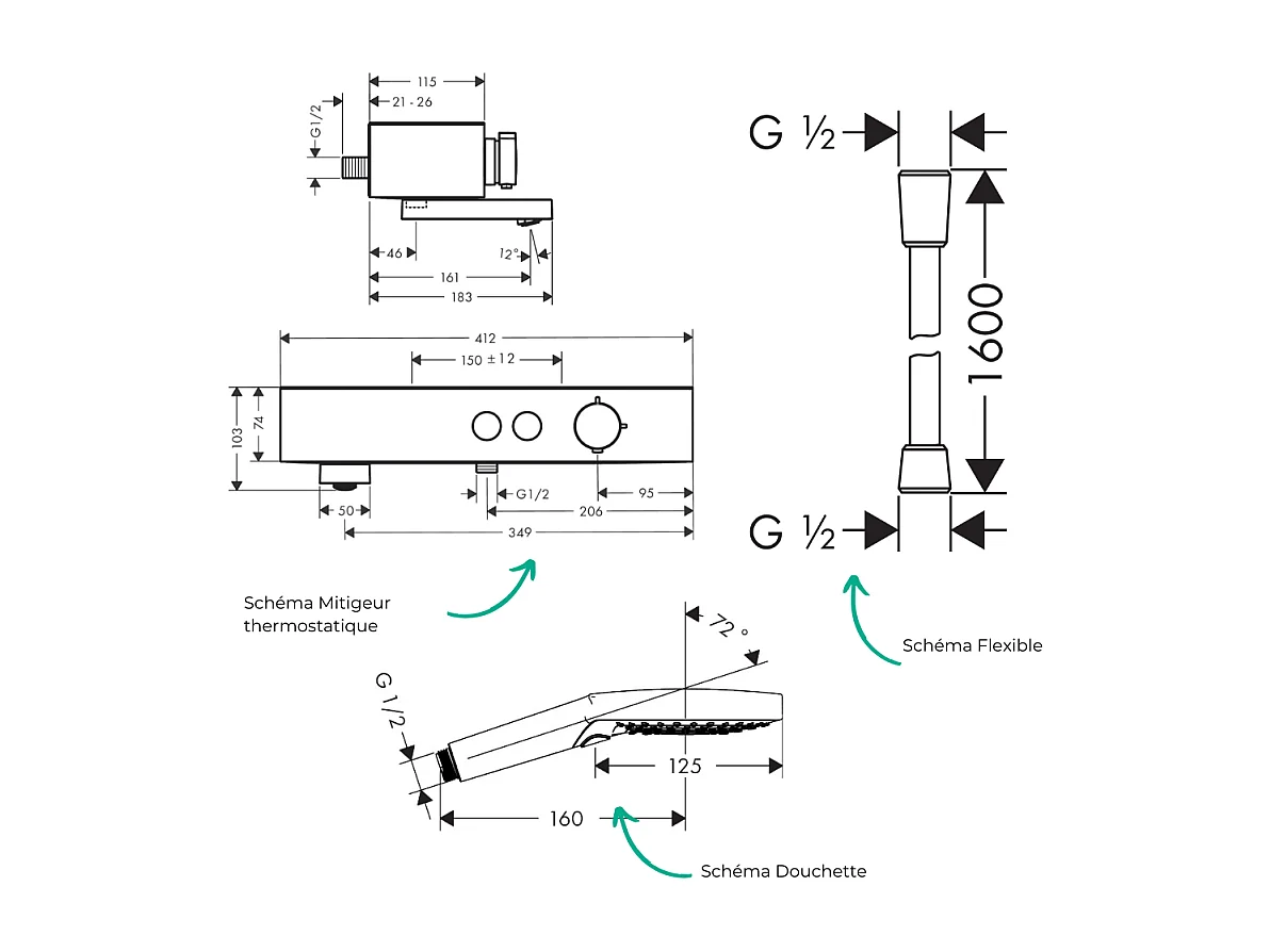 Pack mitigeur bain douche thermostatique HANSGROHE ShowerTablet Select + Flexible Isiflex + Pommeau de douche Raindance 3 jets Bronze brossé