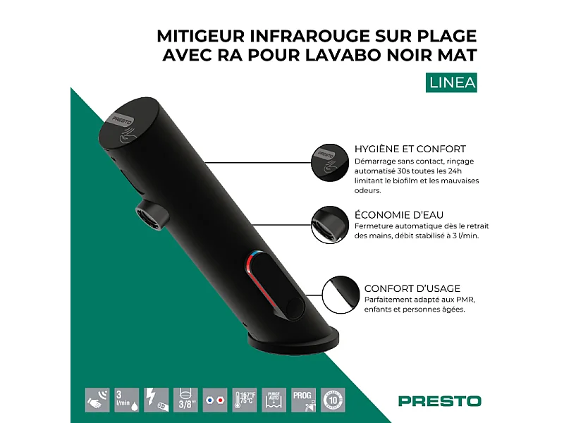Mitigeur infrarouge sur plage avec RA pour lavabo PRESTO Linea noir mat