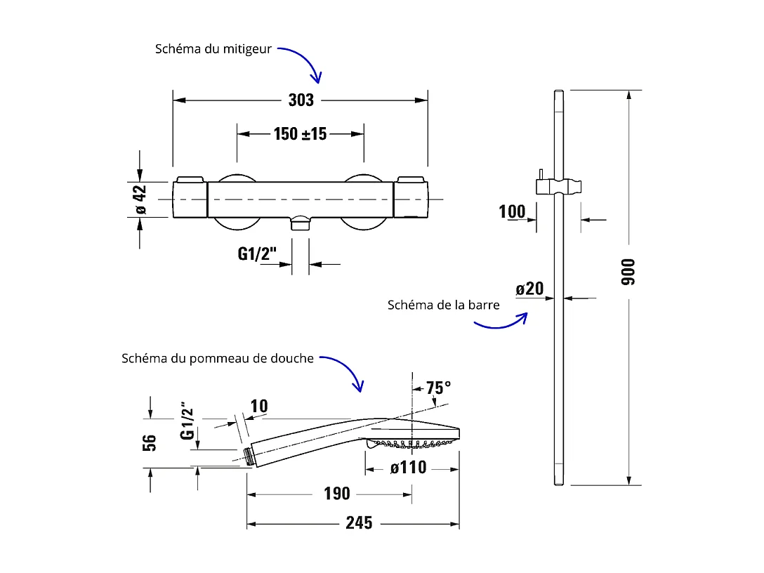 Pack mitigeur douche thermostatique DURAVIT 1000 + Barre 90 cm + Pommeau 3 jets + Flexible 160 cm Bronze brossé