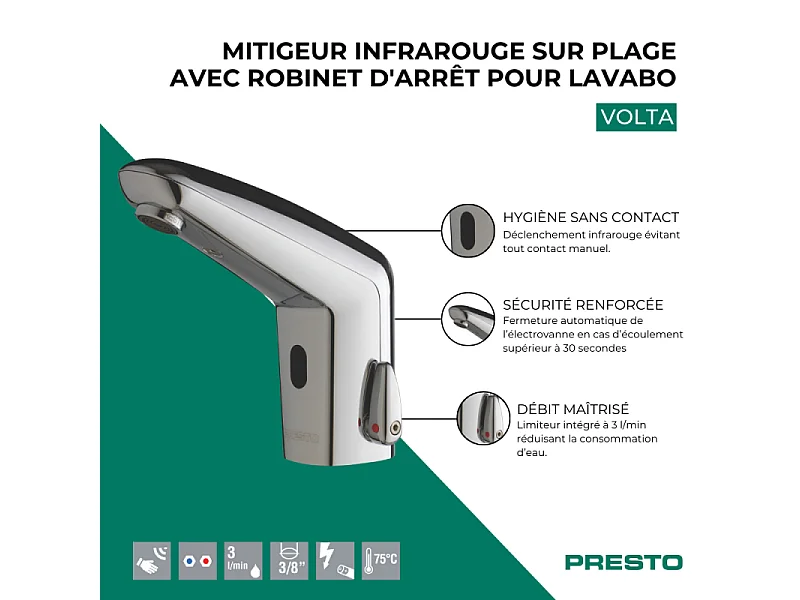 Mitigeur infrarouge sur plage avec robinet d'arrêt pour lavabo PRESTO Volta chromé