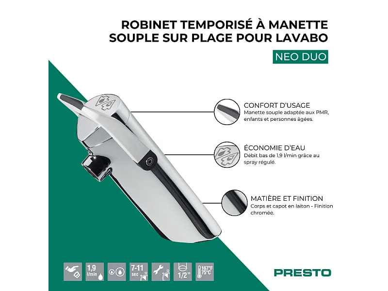 Robinet temporisé à manette souple sur plage pour lavabo PRESTO Neo duo chrome