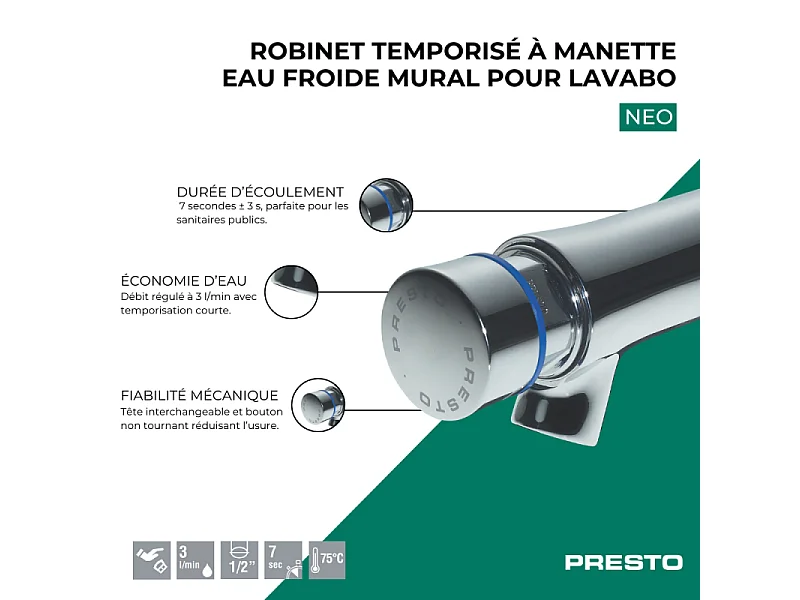 Robinet poussoir temporisé à manette eau froide mural pour lavabo PRESTO Neo chromé
