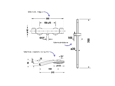 Pack mitigeur douche thermostatique DURAVIT 1000 + Barre 70 cm + Pommeau 3 jets + Flexible 160 cm Noir mat