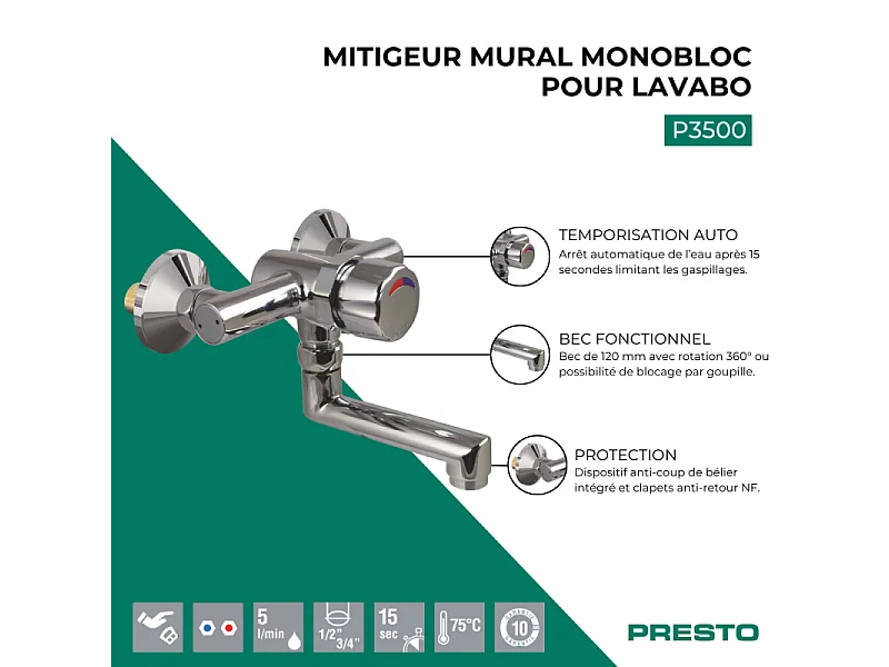 Mitigeur mural monobloc pour lavabo PRESTO P3500 chromé
