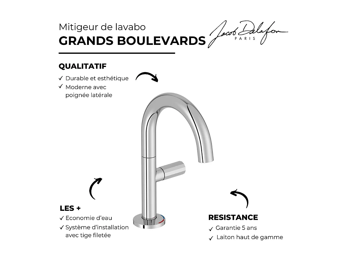 Mitigeur de lavabo avec poignée latérale JACOB DELAFON Grands Boulevards chromé