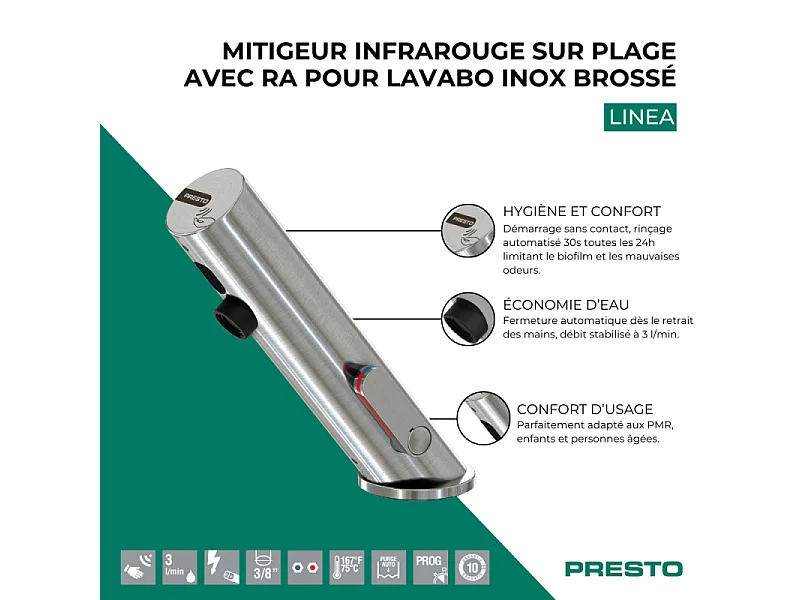 Mitigeur infrarouge sur plage avec RA pour lavabo PRESTO Linea inox brossé