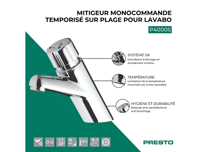 Mitigeur monocommande temporisé sur plage pour lavabo PRESTO P4000S chromé