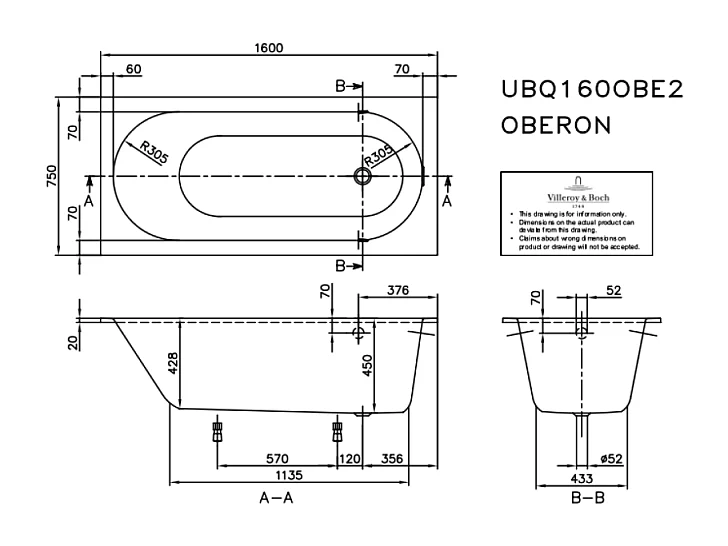 Baignoire droite VILLEROY ET BOCH Oberon quaryl 160 x 75 cm  + Pare bain gauche AURYS Raywall Noir mat