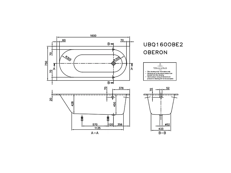 Baignoire droite VILLEROY ET BOCH Oberon quaryl 160 x 75 cm  + Pare bain gauche AURYS Raywall Noir mat